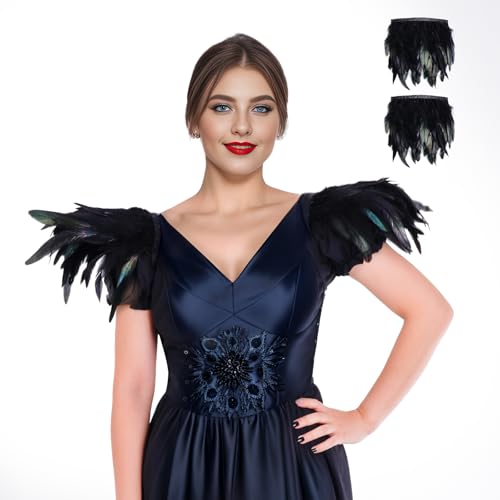 Werownsgso Damen Feder Epauletten,Schwarze Natürliche Feder Epaulet,Umhang Schal Schulterumhang,Schwarze Halloween Kostüm Accessoires für Hexe Cosplay，Fasching Karneval Party Kostüm von Werownsgso