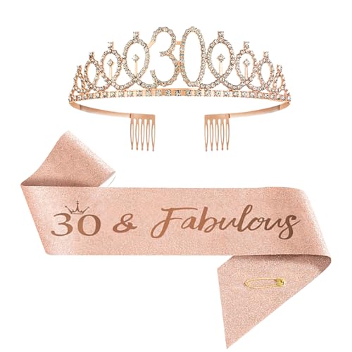 Werownsgso Geburtstagsgürtel und Krone Fabulous Schärpe Krone Stirnband mit Strass Mädchen Geburtstagsparty Set Jahr Geburtstag Legierung Stirnband Geschenk Passend für Mädchen Damen (Rose Gold-30) von Werownsgso