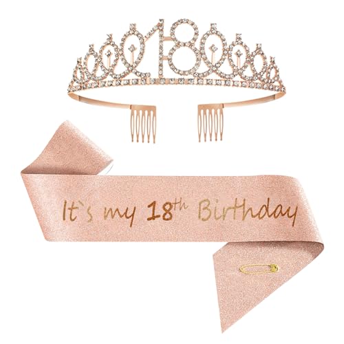 Werownsgso Geburtstagsgürtel und Krone Fabulous Schärpe Krone Stirnband mit Strass Mädchen Geburtstagsparty Set Jahr Geburtstag Legierung Stirnband Geschenk Passend für Mädchen Damen (Rose Gold-18) von Werownsgso