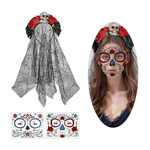 Werownsgso Halloween Tag der Toten Haarschmuck，Schleier Halloween Haarreif mit Rosen Blumen und 2 Gesichtstattoos，Halloween Kopfbedeckung Stirnband für Halloween Tag Der Toten Cosplay Kostüm Party von Werownsgso