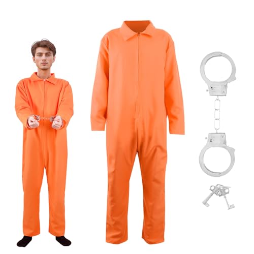 Werownsgso Orangenes Häftling Kostüm, Gefängnis Kostüm Orange mit Handschellen, Gefängnis Kleidung für Herren Damen, Prison Jumpsuit für Kostüm Halloween Karneval Cosplay (M) von Werownsgso