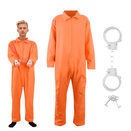 Werownsgso Orangenes Häftling Kostüm, Gefängnis Kostüm Orange mit Handschellen, Gefängnis Kleidung für Herren Damen, Prison Jumpsuit für Kostüm Halloween Karneval Cosplay (XXL) von Werownsgso