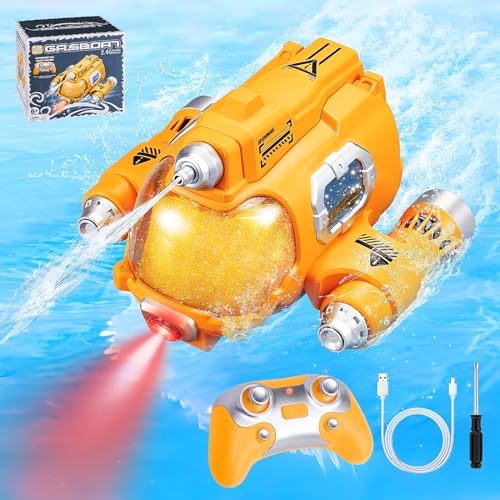 Weslery RC Boot Spielzeug für Jungen Mädchen, 2.4 GHz wiederaufladbares ferngesteuertes Motorboot mit Sprühwasser/Licht, Doppelpropeller ferngesteuertes Boot Schwimmbadspielzeug für Kinde (Yellow) von Weslery