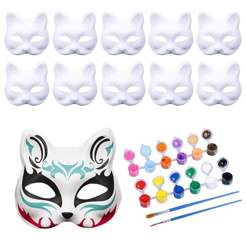 10 Stück Katzenmaske Weiß, Fuchs Cosplay Maske, DIY Papier Maske, Tiermasken zum Selbermachen, mit Pinseln und Farben, Geeignet für Halloween Cosplay, Partys, Bälle, Karneval, DIY Masken von Weyying