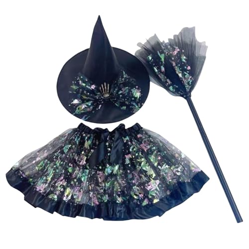 Wezalget Mädchen Hexenhut Kleid,Halloween Hexenkleid | 3-teiliges Set Halloween Tutu mit Hexenhut | Cosplay-Kostümrock, bezaubernd und bequem für Mädchen im Alter von 2–8 Jahren von Wezalget