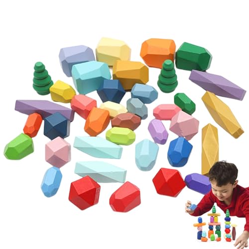Wezalget Stapelsteine ​​sortieren, Stapelsteine ​​ausbalancieren,38 Stück sensorische Kleinkindspielzeuge Lernspielzeuge | Buntes Holzbau-Spiel mit polyedrischen Blöcken für pädagogische Zwecke, von Wezalget