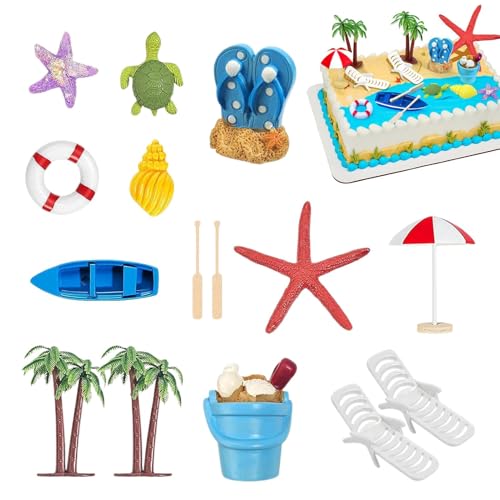 Wezalget Tropische Cupcake-Dekorationen,Tropischer Cupcake-Topper - 15X Strand-Miniaturdekorationen,Palmen, Liegestuhl, Strandschirm, Eimer, Tortenaufsatz-Set für Gartenpflanzenpool von Wezalget