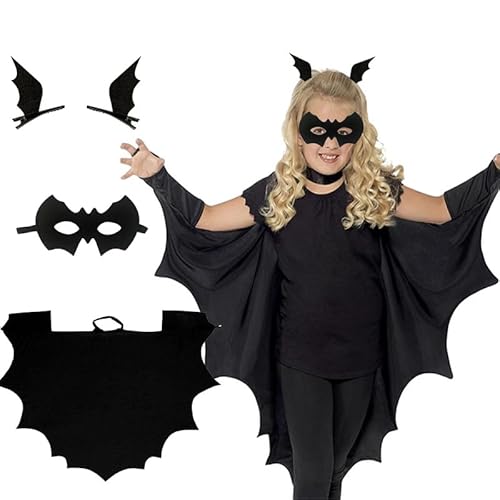 Fledermaus-Kostüm-Umhang, Halloween-Kostüm, Fledermaus-Kostüm, Kinder + Fledermausmaske + 2 Haarklammern, schwarzer Umhang Fledermaus, Kinder, für Mädchen, Jungen, Cosplay, Halloween (110) von Wffeila