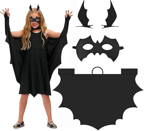 Wffeila Halloween Kinder Kostüm, Fledermaus Kostüm Set Flügel Umhang + Maske Bat Cape + 2 Stück Fledermausflügel Haarspangen für Fledermauskostüm Vampir zu Halloween Karneval Fasching Motto Party von Wffeila