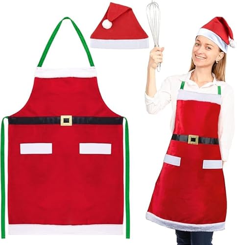 Rot Weihnachten Schürze mit Weihnachtsmütze, Küchenschürze Verstellbar Latzschürze mit Taschen, Küche Heiligabend Weihnachtendeko, für Weihnachten Kostüm Damen und Herren, Fasching, Mottoparty usw von Wffeila