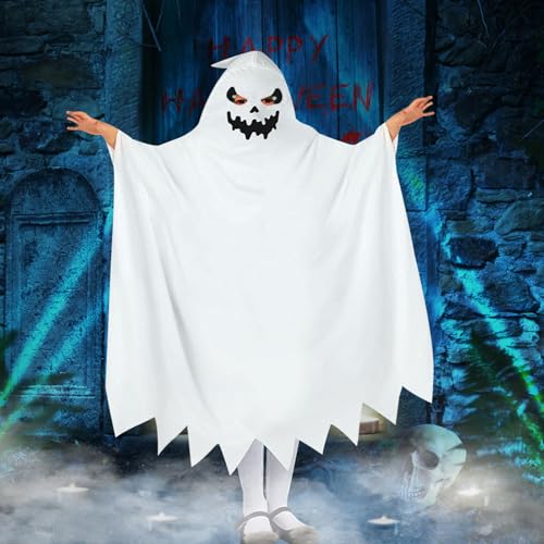 Wffeila Geist Geister umhang Kinder kostüm für Halloween,Weiß Lächelnd Geister-Kleid mit Kapuze Halloween-Umhang für Geist Gruselig Cosplay Party Kostüme von Wffeila