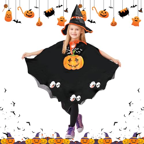 Wffeila Halloween Kostüm Kinder, Hexe Zauberer Umhang mit Hut, Kürbis Kostüm Mädchen Jungen, für Halloween, Fasching, Karneval, Bühnenperformance, Themenparty, Geeignet für Höhe 90-150cm von Wffeila