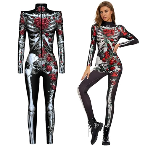 Wffeila Halloween Skelett Anzug Damen, Skelett Halloween Kostüm Damen, Skelett Kostüm Damen Leuchtend, Halloween Damen Skelett, Faschingskostüme Damen Skelett, Halloween Kostüm Damen Skelett (L) von Wffeila