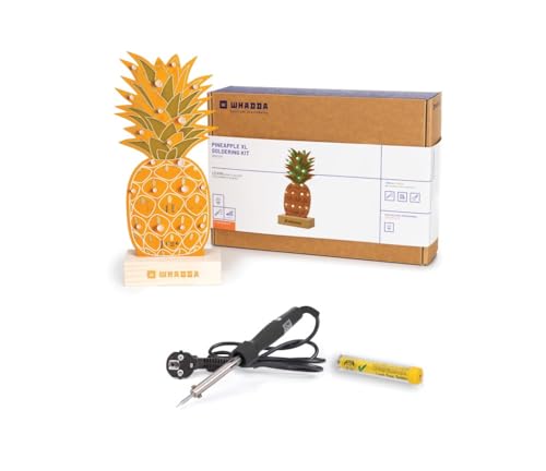 Whadda Lötkit, XL Ananas mit 19 RGB-LEDs und Holzhalter, Aktionsset mit kostenlosem Lötkolben und Lötzinn, orange Leiterplatte, pädagogisches und kreatives STEM-Bausatz von Whadda