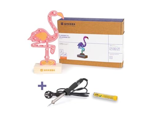 Whadda Lötkit, XL-Flamingo mit 19 RGB-LEDs und Holzhalter, Promoset mit kostenlosem Lötkolben und Lötzinn, rosa XL-Leiterplatte, pädagogisches und kreatives STEM-Bausatz von Whadda