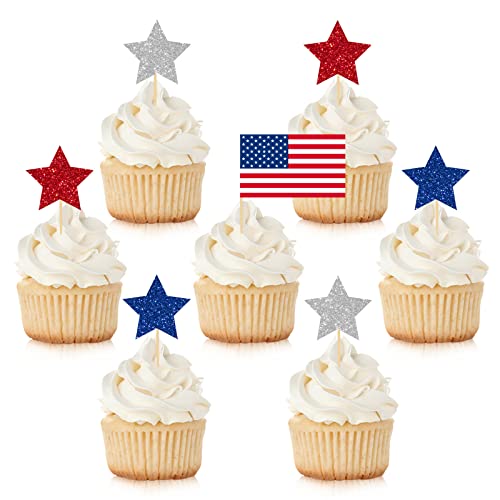 Whaline 140 Stück patriotische Cupcake-Topper Glitzer Stern Amerikanische Flagge Cupcake Picks 4. Juli Lebensmittelspieße mit Stäbchen Klebepunkt für Unabhängigkeitstag Gedenktag Party Zubehör Kuchendekoration von Whaline