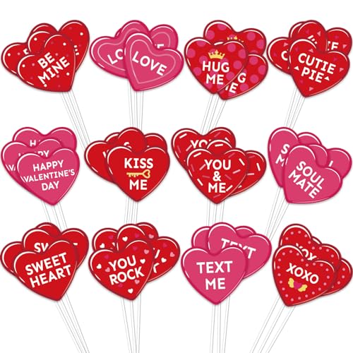 Whaline 60 Stück Valentinstag Cupcake Topper Gesprächsherz Cupcake Picks Rot Rosa Liebe Herz Sprüche Essen Picks für Hochzeit Verlobung Kuchen Dekoration, 12 Designs von Whaline