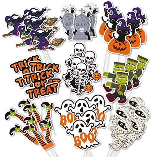 Whaline 72 Stück Halloween-Cupcake-Topper mit Stäbchen und Klebepunkt 9 Designs Happy Halloween Dessert Dekorationen TRICK OR TREAT Cupcake Topper für Halloween Geburtstag Party Supplies von Whaline