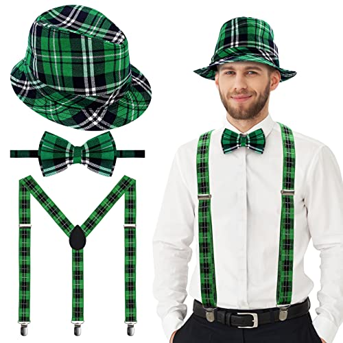 Whaline St. Patrick's Day Kostüm Zubehör Kit Grün Schwarz Büffel Plaids Barett, Fliege und Strapse Irish Holiday Dress Up Kostüme für Männer Frauen Teens St. Patrick's Day Cosplay Party Supplies von Whaline