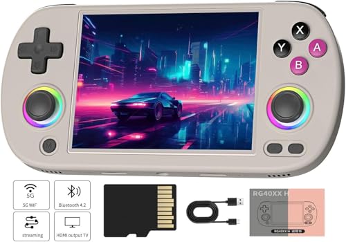 Whatsko RG40XX H Handheld Spielkonsole,Duale Joysticks mit RGB-Beleuchtung 4 Inch IPS Screen,Support 5G WiFi Bluetooth 4.2 und HDMI TV-Ausgang,Built-in 64G TF Card mit 5500+ Spielen(Grau) von Whatsko