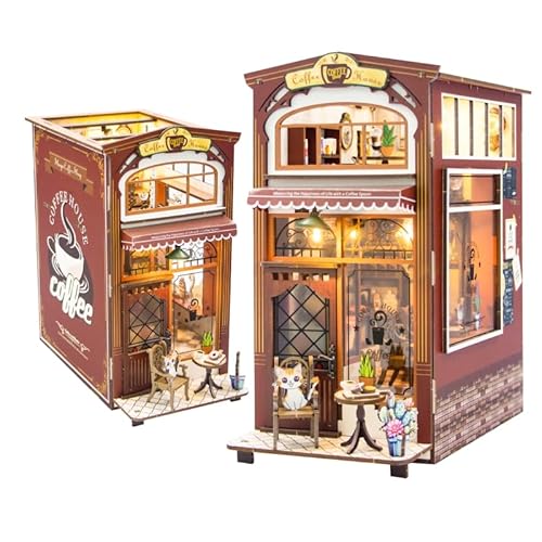 Whemyreat DIY Book Nook Kit Puppenhäuser Miniatur Haus Kit mit LED-Licht, 3D Puzzle Buchstützen aus Holz, Buch Ecke Miniatur Kit für Erwachsene Teens, Diorama Modelbau Bücherregal Deko (Cafés) von Whemyreat