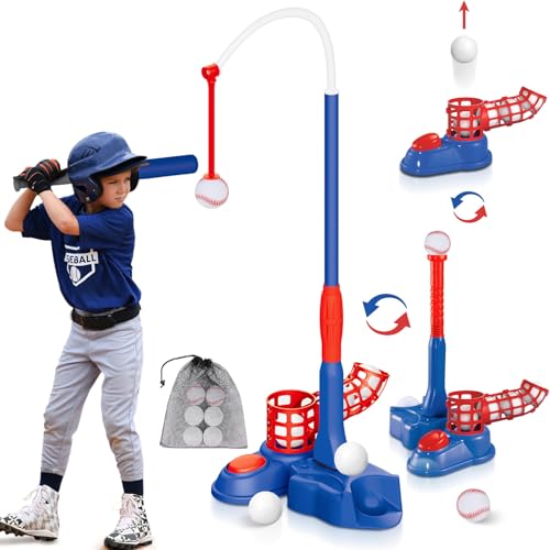 Whimtoyland 4-in-1-T-Ball-Set für Kinder im Alter von 3–8 Jahren, Baseball-T-Shirt-Set für Kinder 3–5, 5–8, Kleinkinder, hängender Tee-Ball, Golf-Set, Spielzeug, Pitching-Maschine und 6 von Whimtoyland