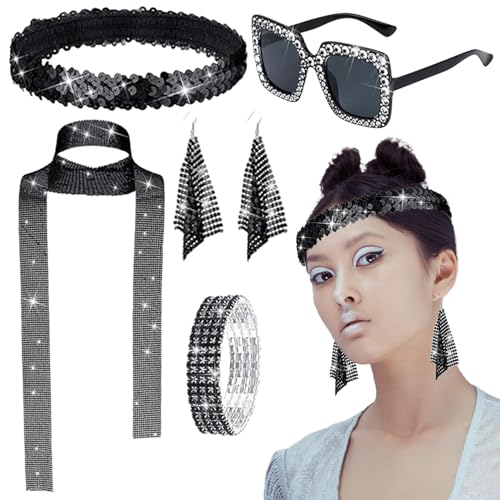 70er-Jahre-Schmuck für Damen, 70er-Jahre-Accessoires für Damen | 70er-Jahre-Disco-Accessoires Damen-Kostümschmuck,Paillettenschal, Sonnenbrille, Stirnband und Ohrringe für 50/60/70er-Mottopar , Gebur von Whnbuij