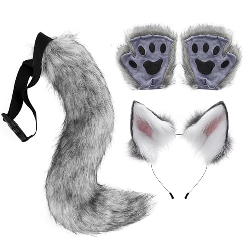 Whnbuij Cosplay-Wolf-Set – Wolf-Ohren und Schwanz-Zubehör, Wolf-Outfit-Verkleidung | Deluxe Bequeme Wolfsschwanzklammer, einzigartiges Ohren- und Handschuhset, Halloween-Weihnachtskostüme für Frauen von Whnbuij