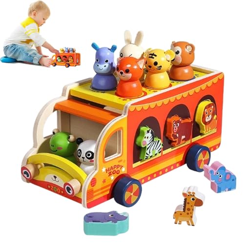 Whnbuij Kindertier-Zirkusspielzeug, pädagogisches Spielzeugauto für Kinder,Pädagogisches Formanpassungsspiel Auto - Kognitives Formsortierspielzeug aus Holz für Kinder, Kinder, Mädchen, von Whnbuij