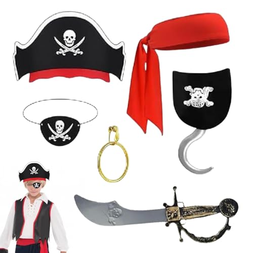 Whnbuij Piraten-Kostüm für Kinder – Piraten-Outfit-Set, karibisches Freibeuter-Kostüm | 6-teiliges Kinder-Piratenkostüm-Zubehörset, Piratenkostüm-Deluxe-Set für Halloween, Rollenspiele von Whnbuij