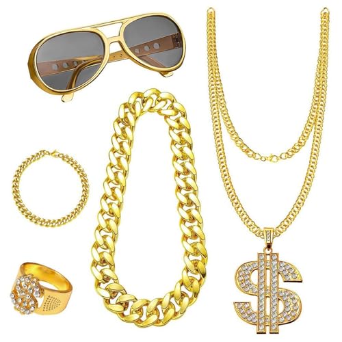 Whnbuij gefälschte Goldkette/Armband - 5-teiliges Hip-Hop-Kostümset, Punk-Sonnenbrille | Gefälschte Goldkette/Kette/Armband, Stilvolle Brille Dollarzeichen-Fingerring von Whnbuij