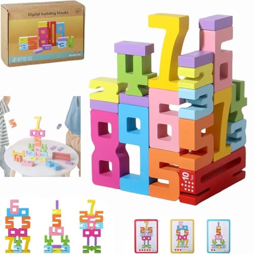 Montessori Zahlenbausteine, Motorikspielzeug Building Blocks, Holz Zahlenblock Spielzeug Set für Kinder, Zahlenerkennungs und Farb Stapelspiel, Stapelzahlen Zahlen Bauklötze ab 3 Jahre Kinder (20PCS) von Whnnssw