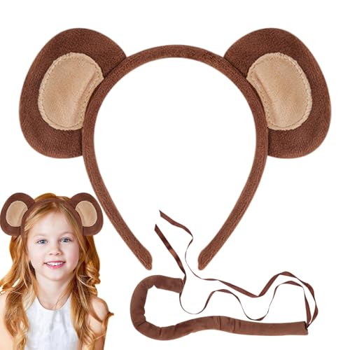 Whpsiting 2 Stück Affenohren Und Langen Schwanz Set, Affen Kostüm Mit Affenohren Stirnbänder Und Affenschwanz Für Kinder Mädchen Fasching Tierkostüm Halloween Karneval Tier Haarbänder Cosplay von Whpsiting