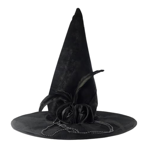 Whpsiting Halloween-Hut, Hexenhut Erwachsene,Schwarzer Zaubererhut Halloween-Kostüm | Damen-Kostüm-Party-Cosplay-Zubehör, spitzer Hut mit breiter Krempe für Zauberer-Cosplay von Whpsiting