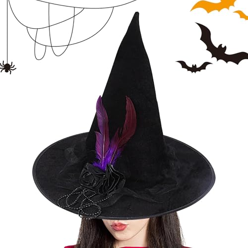 Whpsiting Schwarzer Hexenhut,Halloweenhut, Schwarzer Zaubererhut Halloween-Kostüm, Damen-Kostüm-Party-Cosplay-Zubehör, spitzer Hut mit breiter Krempe für Zauberer-Cosplay von Whpsiting