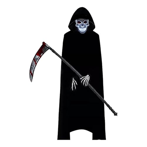 Whpsiting Schwarzes Reaper-Umhang-Set, Halloween-Reaper-Kostüm-Set,Todesumhang Rollenspielkostüm - 4X Urlaubsoutfit mit Maske und Sense, Halloween-Kostüm, Kapuzenumhang für Kinder und Erwachsene von Whpsiting