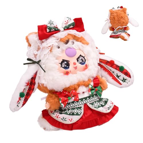 Whrcy 20 cm Plüschpuppenkleidung,20 cm Puppenkleidung,Kleine Puppenkostüme | Weiche Plüschpuppenkleidung, weihnachtliches Kleid mit Stirnband für Stoffpuppen von Whrcy