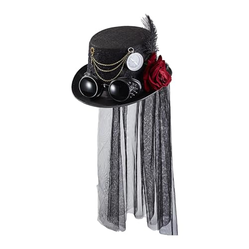 Whrcy Gothic Steampunk-Zylinder,Steampunk-Zylinder | Steampunk-Zylinder für Frauen,Gothic Gears Steampunk-Zylinder mit Rosenblütenfeder und Kette für Damen und Herren von Whrcy