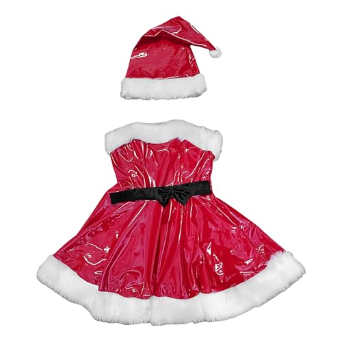 Whrcy Weihnachtsmann-Kleid für Damen, PU-Leder, Weihnachtsmann-Kostüm mit schwarzem Gürtel, lässiges Swing-Kleid mit Weihnachtsmann-Gürtel für Weihnachtsfeiern von Whrcy