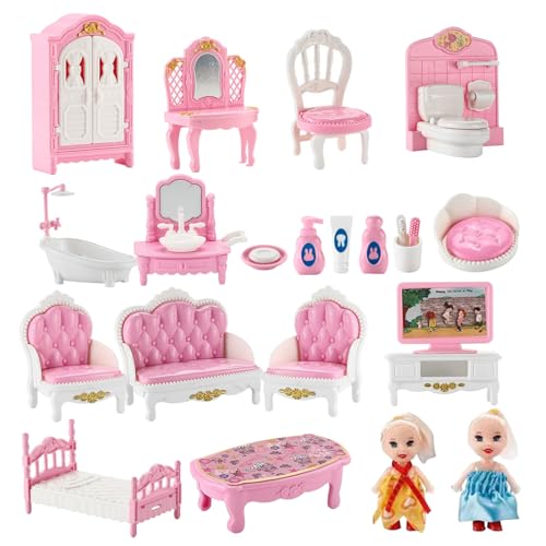 Whyzsjnclg Dollhouse Möbelset, Dollhouse Schlafzimmer Set, Puppenhausmöbel 3 Set Schlafzimmer, Badezimmer und Wohnzimmer Dollhouse Möbel mit 2 Dollhouse Dolls DIY Friendly Dollhouse Miniaturen von Whyzsjnclg