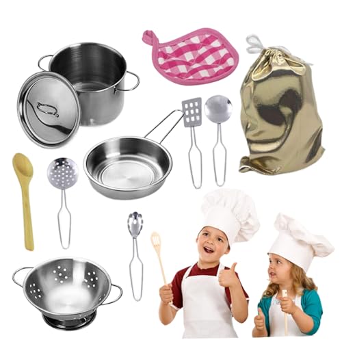 Töpfe und Pfannen Kinder Spielset, 12pcs Kindertöpfe und Pfannen -Spielset, Edelstahlspiel -Spielküche Accessoires mit Suppe Pot Pan Shovel Löffel Bag Kinder Koch Rollenspiel Kochspielzeug für Kinder von Whyzsjnclg