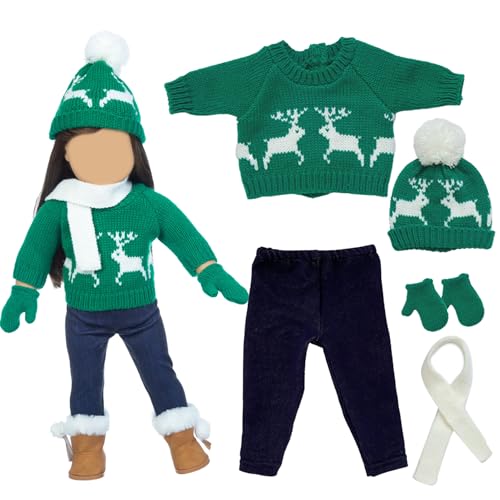 Weihnachten 18 -Zoll -Puppenkleidung und Accessoires, Winterpuppen -Outfits gestrickte amerikanische Puppenkleidung, einschließlich Pulloverhosen Hüte Handschuhe und Schals für 18 Zoll Puppe, Green von Whyzsjnclg