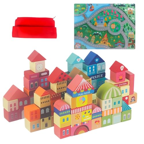 Whyzsjnclg 1 Set Bausteine, 110pcs Holzbausteine ​​mit 20 PCS -Szenen -Puzzle- und Aufbewahrungsbeutel City Themed Stapeling Kleinkindgebäudespielzeug für Kinder von Whyzsjnclg