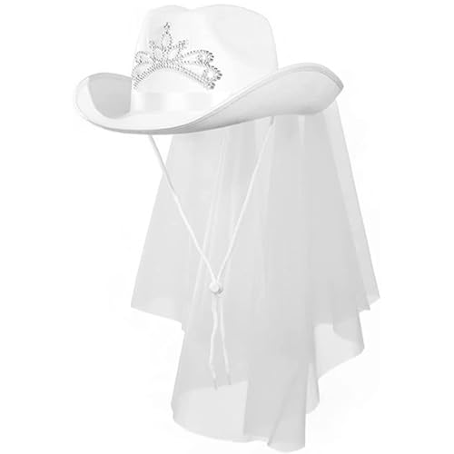 Whyzsjnclg Bachelorette Cowgirl -Hüte, Braut Cowgirl Hut, weiße Junggesellenhelme mit Schleier, Cowboy -Outfits für Party von Whyzsjnclg