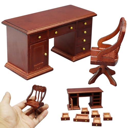 Whyzsjnclg Dollhouse Tisch und Stuhl 1/12 Skala Holzpuppenhausmöbel Set mit Miniatur -Schreibtisch & Stuhl Retro Mini Dollhouse Möbel für Dollhouse Study Szene Dekorpuppenhaus Tisch von Whyzsjnclg