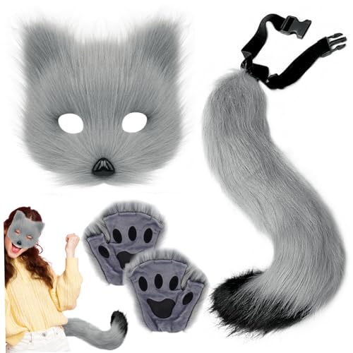 Whyzsjnclg Fox Mask Set, Fox-Kostüm 1 Set Realistic Pelry Costum umfasst Fox Maske, Fox Tail & Fox Paws Durchschnittliche Größe Hautfreundliches Kostüm für Cosplay, Dress Up up von Whyzsjnclg