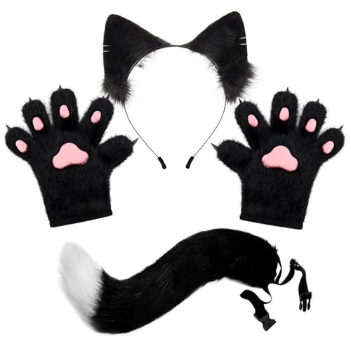 Whyzsjnclg Fox Ohrs, Fox Kostüm 1 Set Realistic Black Therian Kostüm umfasst Handschuhe, Ohren und Schwanz, für Cosplay, Party von Whyzsjnclg