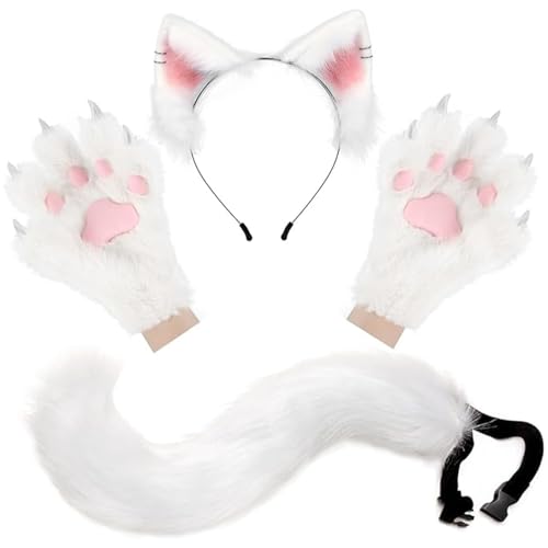 Whyzsjnclg Fuchsohren, Fox -Kostüm 1 Set Realistic White Therian Kostüm umfasst Handschuhe, Ohren und Schwanz, für Cosplay, Party von Whyzsjnclg