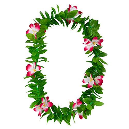 Hawaiian Green Leaf Lei Pink Flower Garland Fancy Dress Accessory Summer Beach Party von Wicked Costumes