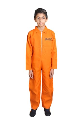 WickedFun® Kinder-Overall mit Häftlingen, Uni, Halloween, Sträfling, orangefarbener Overall, Faschingskostüme (Orange, 4–6 Jahre) von WickedFun